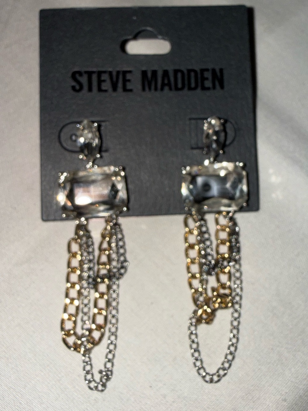 Steve Madden Two-Tone Chain Drop Earrings with Clear Stones